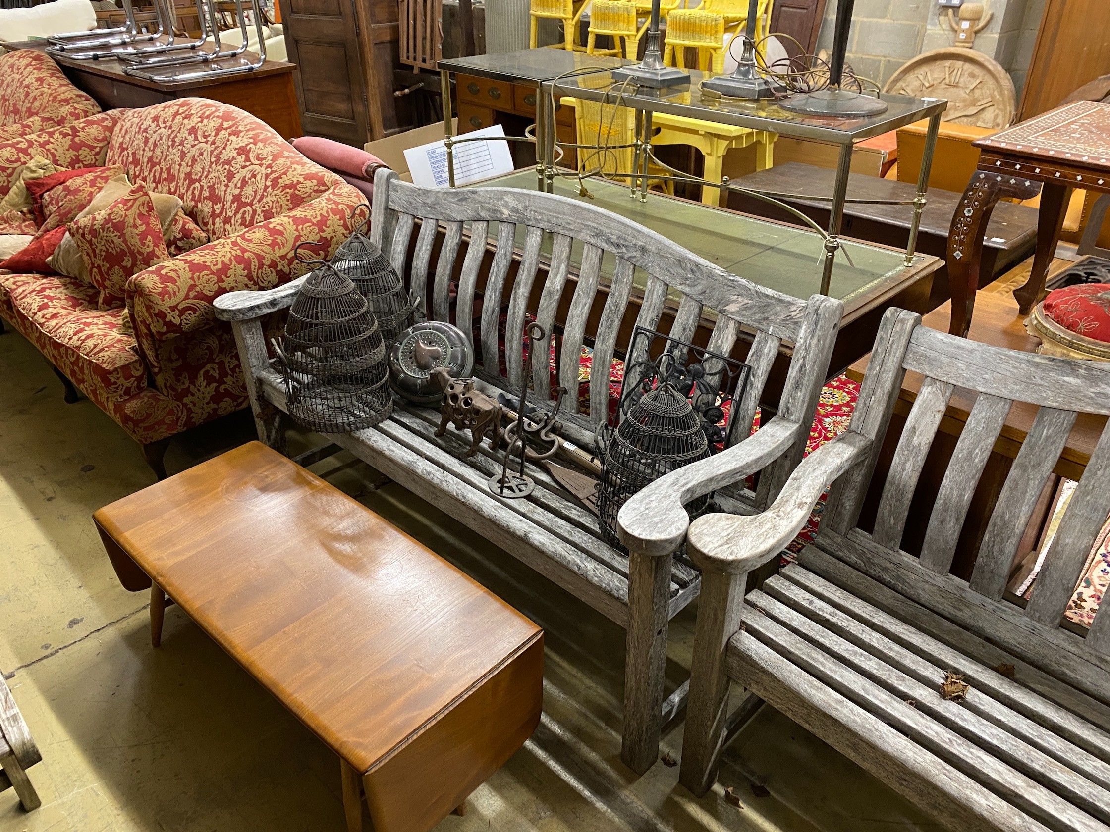 A pair of Alexander Rose weathered teak garden benches, length 155cm, depth 48cm, height 98cm